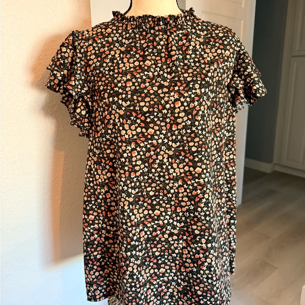 Elegant Floral Ruffle Sleeve Blouse - Black and Pink